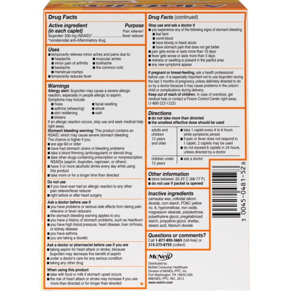 Motrin Ibuprofen Pain Reliever and Fever Reducer, 50 Caplets