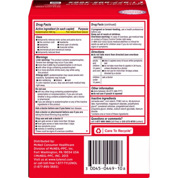 Tylenol Extra Strength Acetaminophen Dispenser Box, 100 Caplets
